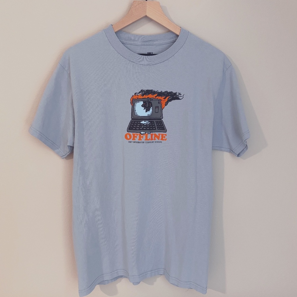 Obey Worldwide Offline Computer Gray/Blue Crewneck Tee Shirt Men's Size M